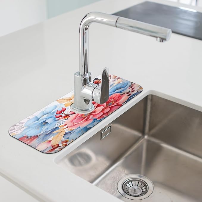 Pastel Flower Fusion Kitchen Faucet Mat Splash Guard, 15.4”x5.7” Absorbent Quick Drying Sink Mat for Countertop Protection, Draining Mat Sink Protectors For Kitchen Bathroom, 2 Pack