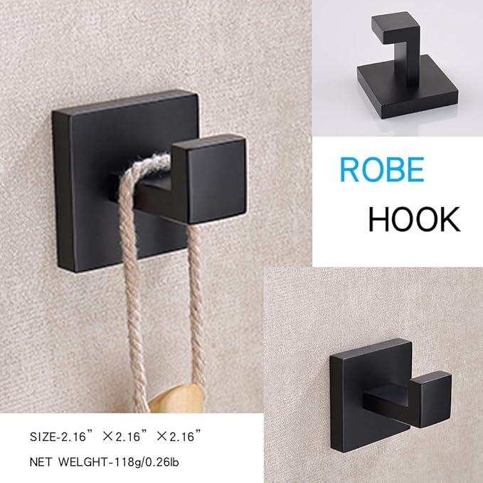 TASTOS 5-Pieces Matte Black Bathroom Hardware Set, Premium Stainless Steel Square Wall Mounted-Includes 23.6 Inch Towel Bar, Toilet Paper TP Holder, 9 Inch Towel Holder, 2 Robe Towel Hooks