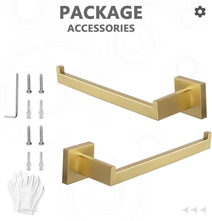 LANC Bathroom Hand Towel Holder 2 Pack Left and Right Side Brushed Gold Hand Towel Bar 10 Inche Square Towel Ring for Kitchen Bathroom Wall Mount Stainless Steel Towel Rack Hanger,A8806BG-LRP2