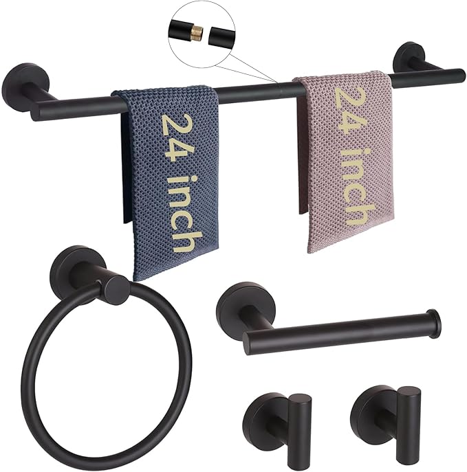 5-Pieces Matte Black Bathroom Hardware Accessories Set,SUS304 Stainless Steel 24-Inch Towel Bar Set, Modern Towel Racks Holder for Bathroom Wall Mounted