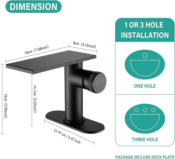 becola Modern Bathroom Sink Faucet，Black Bathroom Faucet，Waterfall Faucet for Bathroom Sink，Single Hole Cold and Hot Vanity Faucet，Single Handle Vessel Sink Faucet with Adjust Knobs and Deck Plate