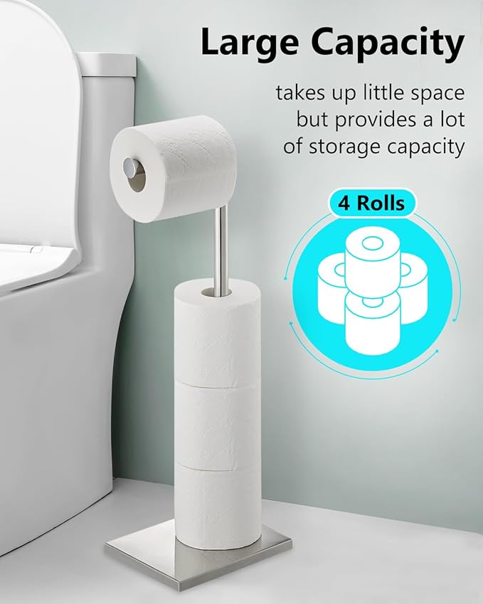 Toilet Paper Holder Stand, Free Standing Toilet Paper Holder with 4 Rolls for Bathroom, Weighted Base Toilet Paper Stand, Chrome