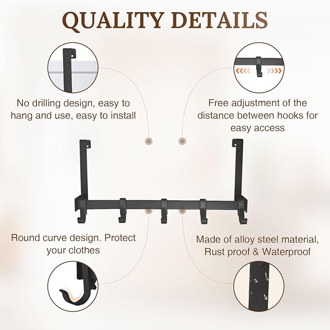 18" Over The Door Hook Rack with 5 Movable Hooks, Soft Iron Finish, for Bedroom, Bathroom, Walk-in Closet, Laundry Room and More - Black