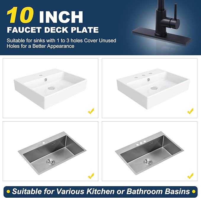 10" Sink Faucet Hole Cover Deck Plate for Bathroom & Kitchen Vanity Sink, Black Escutcheon Plate Stainless Steel Outside Faucet Cover Cap Rectangle Mixer Tap