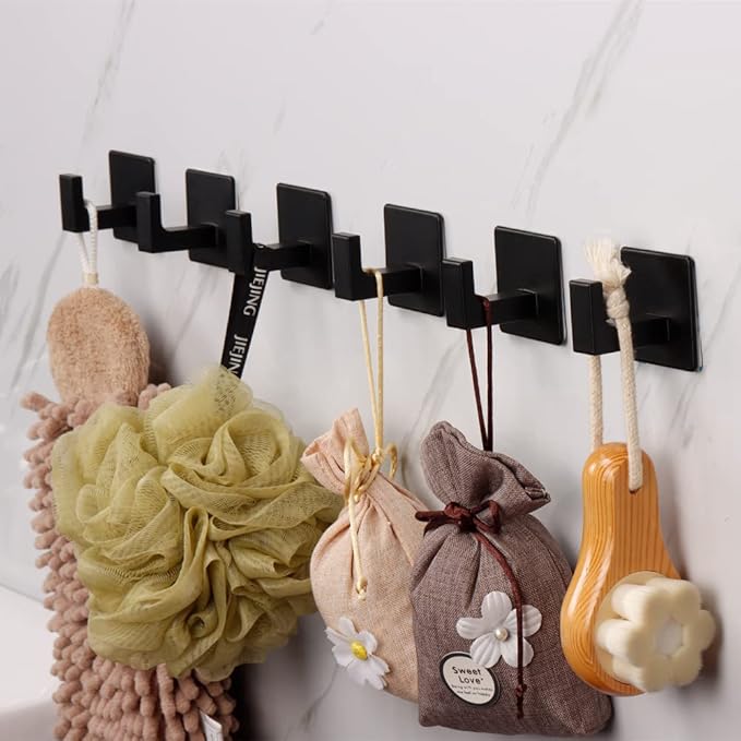 Bath Towel Hook,6 Pack Self Adhesive Square Coat Hooks, Sturdy No Drilling Robe Hook, Heavy Duty Aluminum Clothes Hanger, Wall Hooks for Bathroom Bedroom Kitchen (2 Inch,Black)