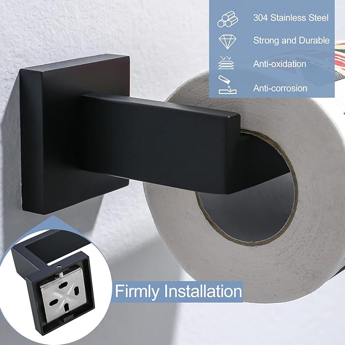 TQKAG Matte Black Toilet Paper Holder SUS304 Stainless Steel, Modern Square Tissue Roll Holders Wall Mount, Toilet Paper Roll Dispenser for Kitchen Washroom