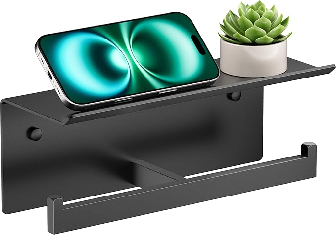 FORIOUS Black Toilet Paper Holder with Shelf, 304 Stainless Steel Wall Mount Commercial Toilet Paper Dispenser, Double Tissue Roll Holder for Bathroom, Matte Black
