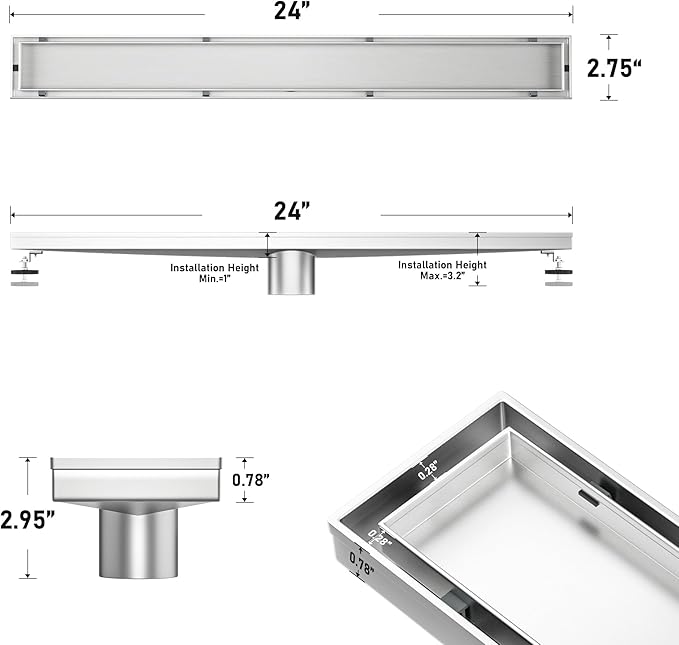Linear Shower Drain 24" Brushed 304 Stainless Steel | Fast Drainage | Tile Inserted | Stainless Floor Drain Grate | Hair Strainer | Drain Key | The Upgrade for Your Bathroom