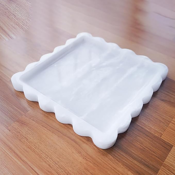 Luxurious White Marble Decorative Tray with Scalloped Edge, Elegant Serving and Vanity Organizer for Bathroom, Kitchen, Bar Display 7.8" L*7.8" W*0.7" H