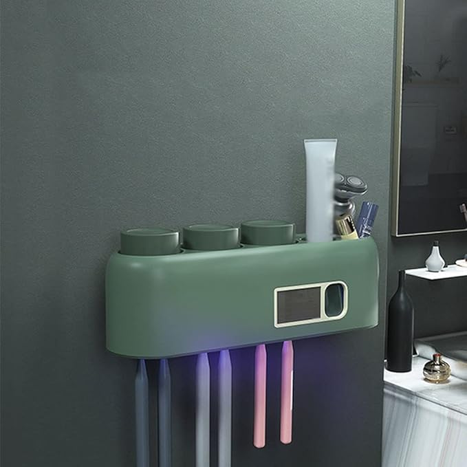 EQUALIZE Toothbrush Holder 2PCS Wall Mount Smart Toothbrush Holder with LED Light, Mouthwash Cup, Automatic Toothpaste Dispenser Squeeze Kit Toothpaste Holder (Color : B)