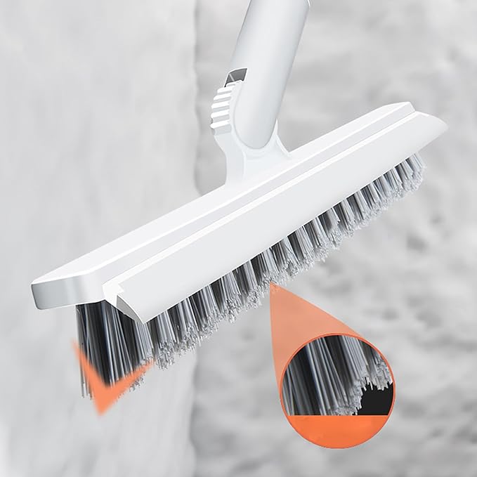 2 in 1 Floor Brush Scrubber with Long Handle Rotating Grout Brush Scrape V Shape Scrub Brush with Squeegee Deck Scrubber Brush for Deck Bathroom Kitchen (White)