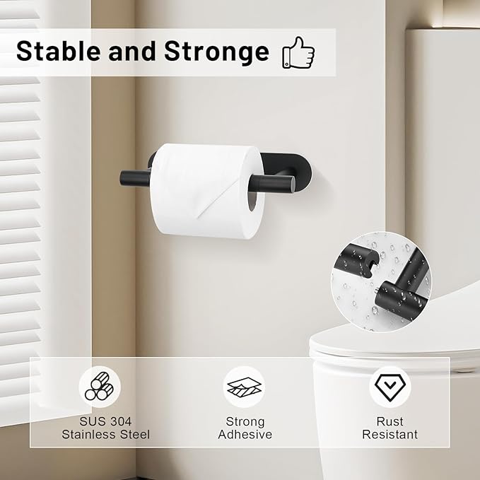 2 Pieces Self Adhesive Matte Black Toilet Paper Holder, Commercial Toilet Paper Dispenser Toilet Roll Holder, Double Base Paper Towel Holder Wall Mount No Drilling for Bathroom, Kitchen