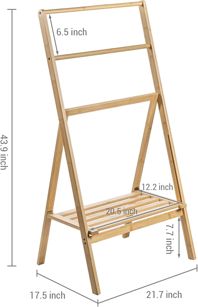 MyGift 43" H Free Standing Towel Rack, Foldable Solid Bamboo Drying Rack with Storage Shelf, Blanket Drying Rack for Towels Bathroom Accessories, Light Brown
