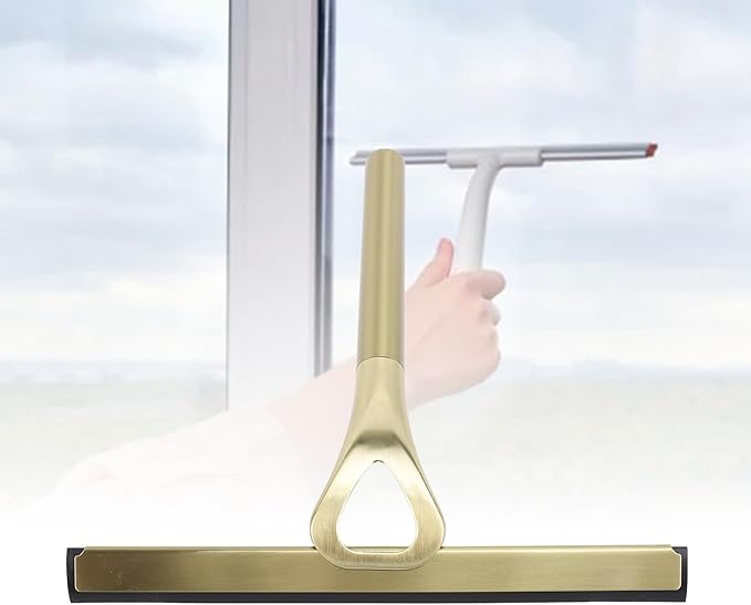 304 Stainless Steel Silicon Shower Squeegee Scrubber, Multifuntional Bathroom Cleaner Wiper for Shower Glass Door with Adhesive Hook, Mirrors, Bathrooms,Kitchens (Gold)