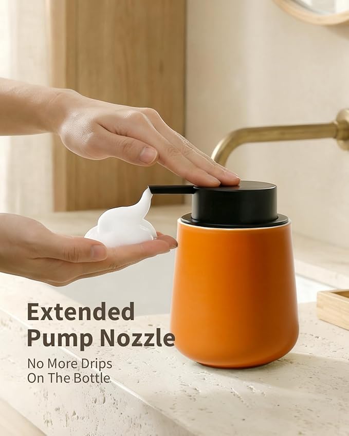 BosilunLife Bathroom Accessories Set 3 pcs - Bathroom Ceramic Foaming Soap Dispenser Set Farmhouse Bathroom Decor, Foam Soap Dispenser and Toothbrush Holder with Tray, Orange