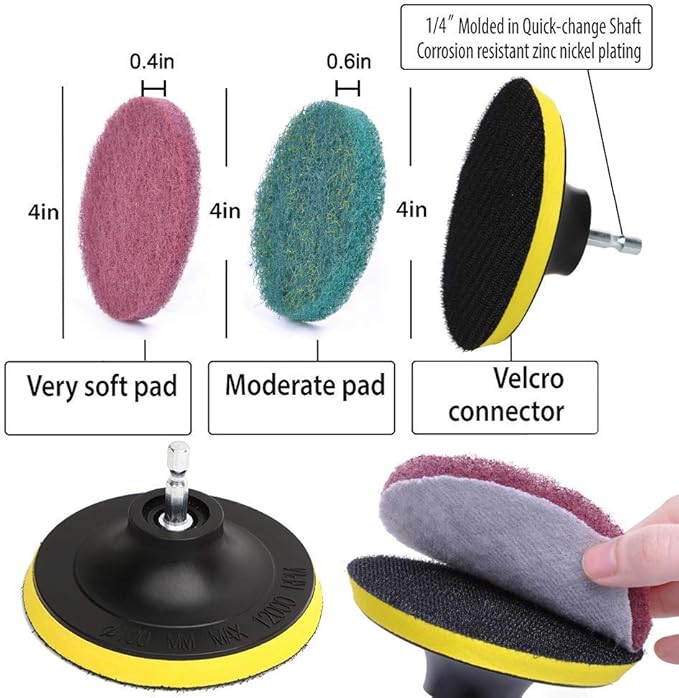 10 Piece Drill Brush Attachments: 5 inch Drill Brushes & Scouring Pads & Suction Cup - Clean Tough Dirt - for Marble/Granite Tile, Grout, Rim, Kitchen Sink,Carpet, Coated Doors, Fiberglass Tubs