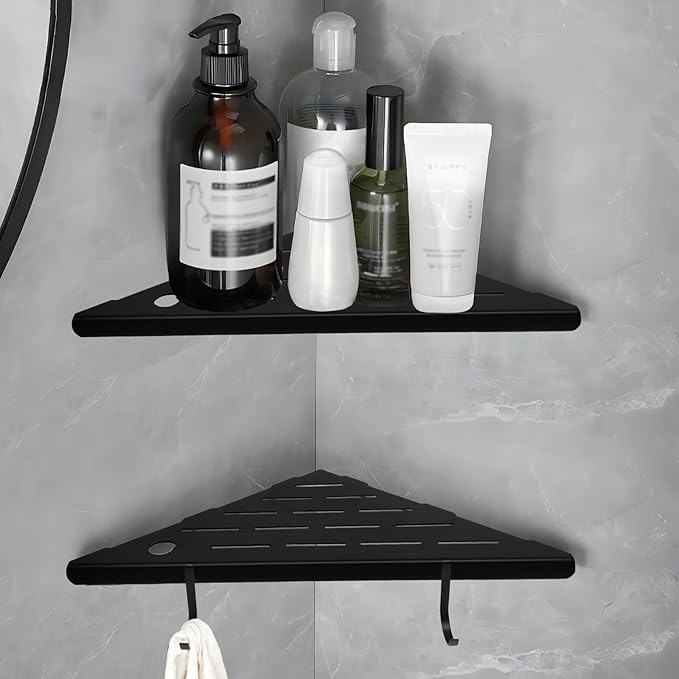 10" Corner Shower Shelves,Shower Corner Shelves Organizer Shelf for Tiled Wall 2 Packaging,SUS304 Stainless Steel Slot Design Tile Shower Shelves with 2 Hooks Matte Black