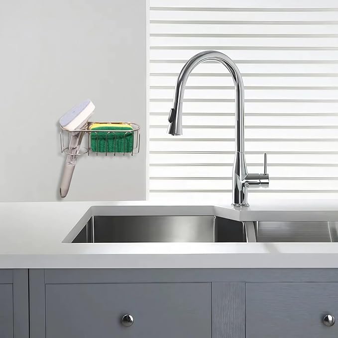 Sink Sponge Holder, Magnetic Kitchen Sink Caddy Holder, 304 Stainless Steel Sink Brush Holder+Sponge Holder, Two Suspension Modes, Sink Drain Frame- Silver (Magnet + traceless suction cup)