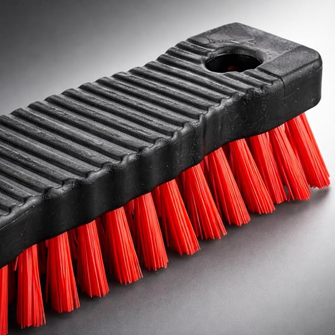 High Power Scrub Brush, 7.5 Inch Handheld Cleaning Brush with Red Stiff Fibers, Black Grip Handle for Kitchen, Bathroom, Tile, Grout, Sink & Shower