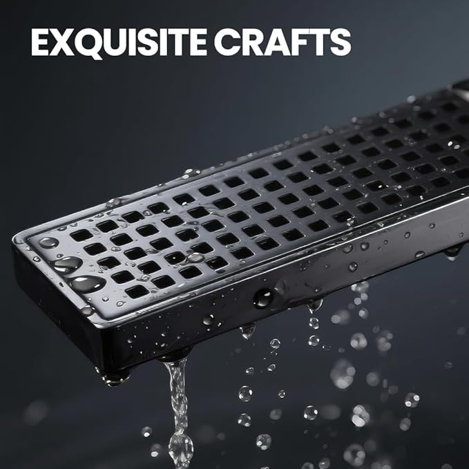 Linear Shower Drain 12 Inch Black, Brushed AISI 304 Stainless Steel Shower Drain with Square Hole Panel, for Bathroom, Kitchen, Garage & More