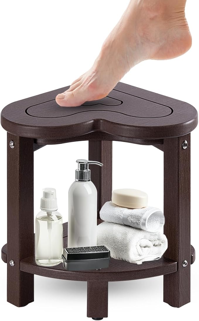 UHA Corner Shower Stool for Inside Shower - Waterproof Corner Shower Bench, HDPE Plastic Bathroom Bench, Adjustable Height Corner Chair for Shaving Legs,Storage Shelf,Non-Slip Feet， Coffee
