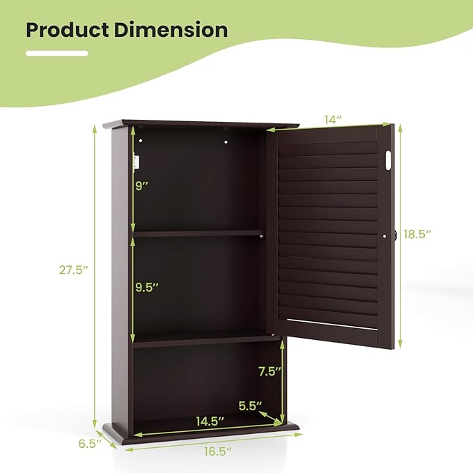 Tangkula Medicine Cabinet, Wall Mounted Bathroom Cabinet Single Door Wooden Bathroom Wall Cabinet with Adjustable Shelf (Brown)
