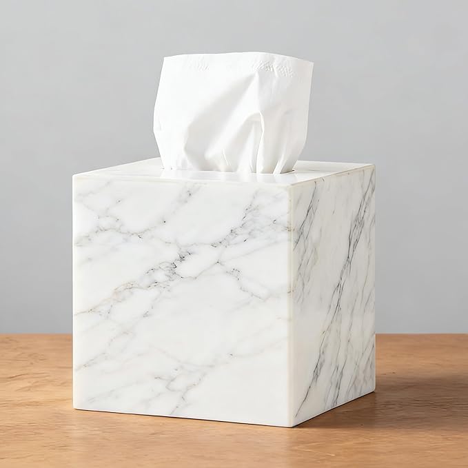 White Marble Tissue Holder, Removable Square Tissue Box with Acrylic Board Bottom, Natural Marble Napkin Box, Premium Tissue Holder Cover for Bathroom, Living Room, Bedroom, Office, Toilet