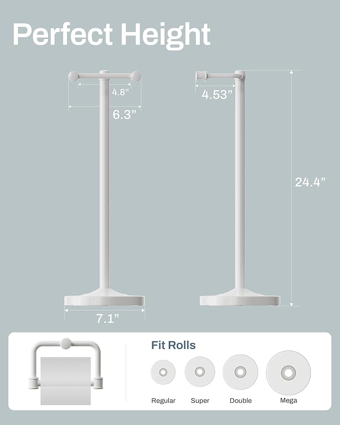 Freestanding Toilet Paper Holder, Double Post Pivoting 22" Height Toilet Roll Holder Floorstanding Base Weighted, Stainless Steel Toilet Paper Holder Stand (White)