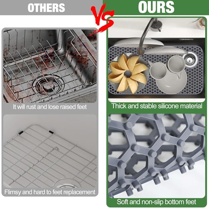 Sink Protector for Kitchen Sink Mat - 28.35"x14.37" Kitchen Sink Pad for Bottom of Sink Protec of Stainless Steel Sink Tableware Farmhouse Rubber Sink Mat Protector with Top Right Drain - Light Gray