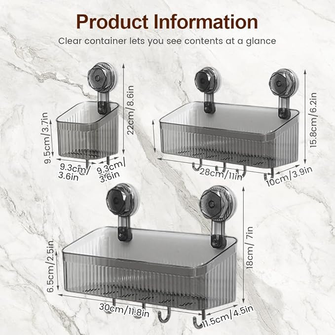 Fliwos No-Drill Bathroom Suction Storage Box, No-Drill Bathroom Shelf, Shower Caddy with Suction Cups, Wall Mount Organizer, Removable Hanging Storage Basket for Home (Grey, Small)