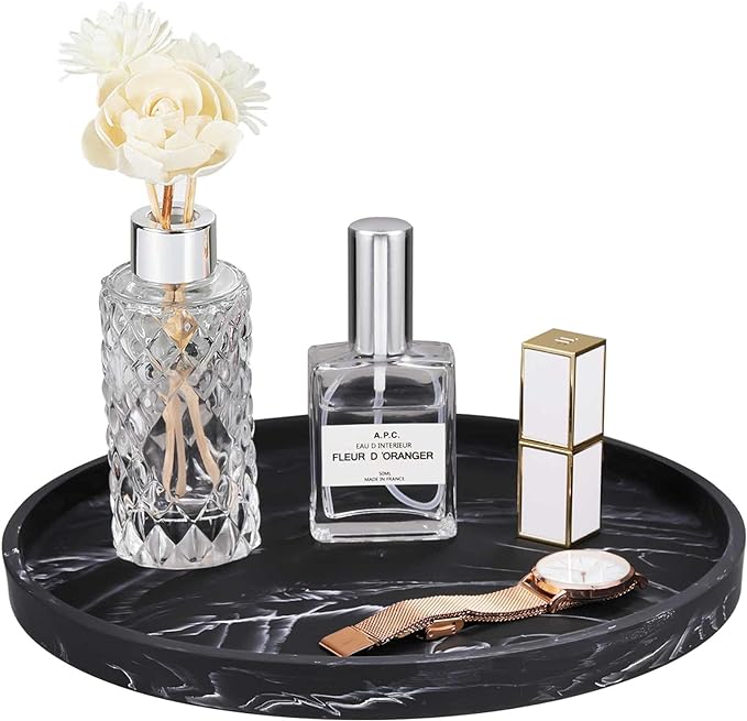 Emibele Vanity Tray, Resin Round Tray Decorative Storage Organizer for Bathroom Toilet Tank Bedroom Kitchen Countertop, Jewelry Storage Dresser Tray for Candle,Lotion Bottle,Cosmetics, Matte Ink Black