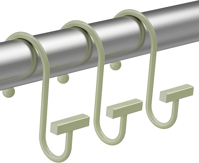 Sage Green Shower Curtain Hooks, Bathway Shower Curtain Rings Rust Proof, 12PCS Shower Hooks for Shower Curtain, T-Bar Design Convenient Elegant Shower Curtain Hangers for Bathroom Kitchen Wardrobe