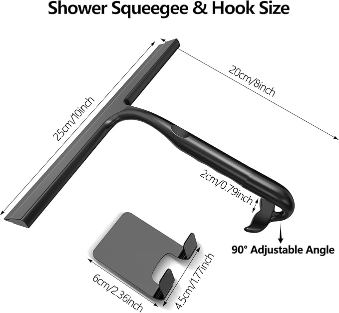 Shower Squeegee for Glass Doors, 2-in-1 Silicone Shower Squeegee with Hook,Hang Anywhere | Streak-Free Bathroom Squeegee | Household Window Mirror Squeegee for Bathroom, Glass, Tile Wall, Car(Black)