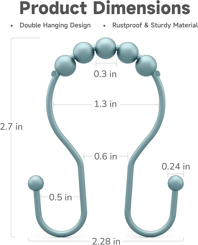 Shower Curtain Hooks, Shower Curtain Rings Rust Proof Double Hook Shower Curtain Hooks, 12 Pcs Shower Hooks for Shower Curtain, Shower Rings for Curtain, Metal Shower Rod Hooks Lightcyan