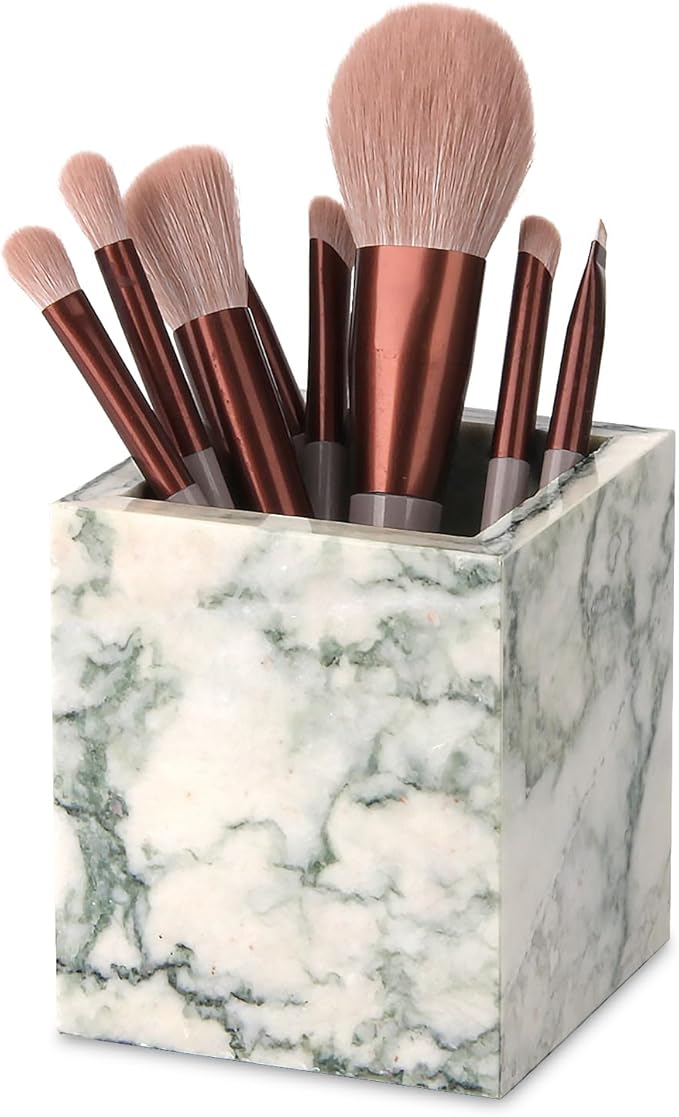 Natural Marble Toothbrush Holder for Bathroom Countertop (8.5x8.5x10cm) - Multifunctional Organizer for Makeup Brushes, Vanity Accessories & Utensils Sink (Green Texture)