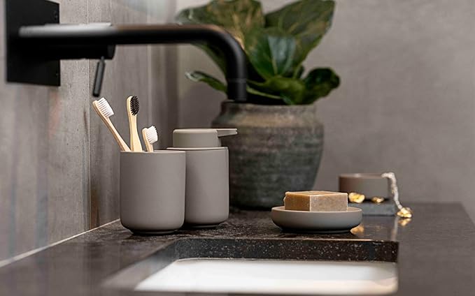 ZONE DENMARK Nova One Toothbrush Mug | Sleek and Modern Bathroom Accessory | Revitalize Your Daily Routine with Scandinavian Elegance and Practicality Unite in This Soft Touch Coating (Beige (Taupe)