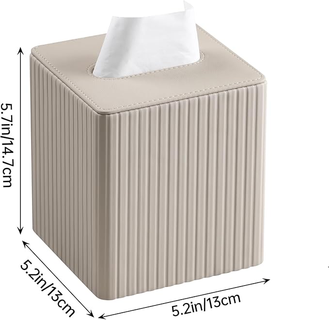 PU Leather Tissue Box Cover Square Tissue Box Holder with Magnetic Closure (Beige Stripe)