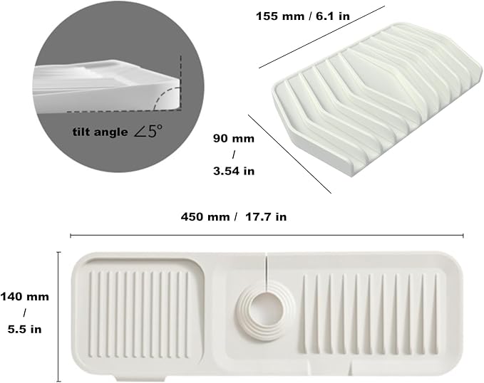 Kitchen Silicone Sink Splash Guard, 5° Slope Type Design Sink Mat,Sink Faucet Handle Drip Catcher Tray Mat Protectors,Sponge Holder and Bathroom Countertop Protect(include 1pcs extra storage mat)