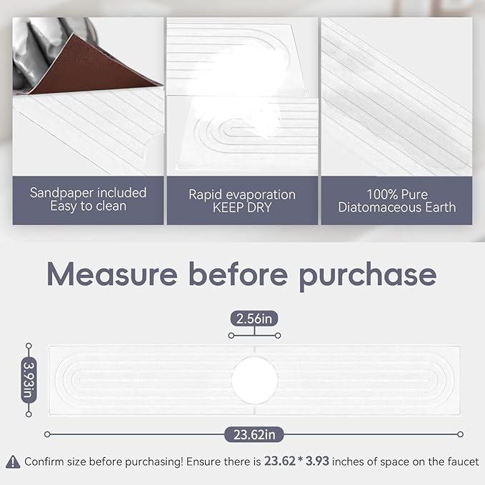 Absorbent faucet mat for Kitchen Sink - Water Absorbing Stone Tray for Sink, Diatomite Fast-Drying Faucet Mat,Faucet Splash Guard for Kitchen,Bathroom Sink (white, 23.6" x 3.9")