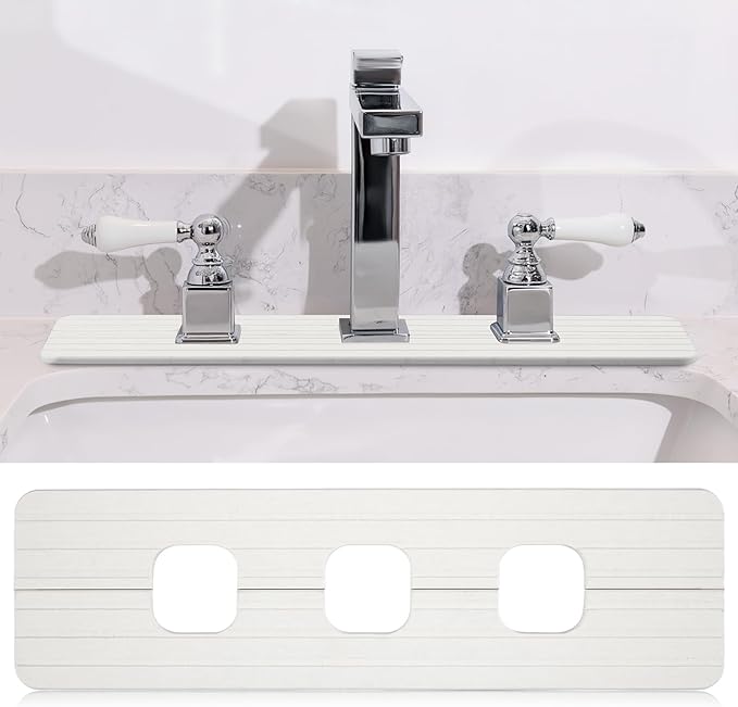 3 Square Hole White Faucet Mat for Kitchen Sink 16.14" x 4.49" Kitchen Faucet Absorbent Mat Diatomite Splash Guard for Sink Quick Drying Stone Drip Catcher for Bathroom Counter