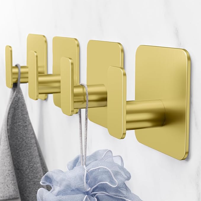 Gold Hooks for Hanging Heavy Duty, Adhesive Hooks for Shower, Bathroom, Kitchen, Robe, Towel, Coat, Waterproof & Rustproof Hook for Walls No Damage, Stainless Steel Sticky Hook - 4 Pack