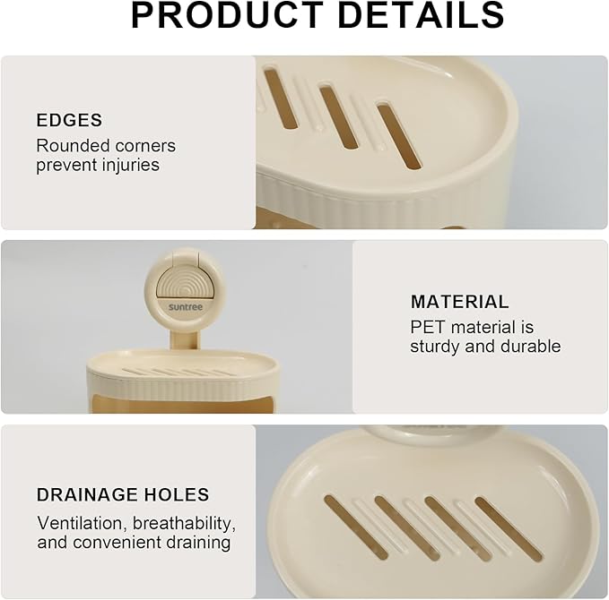 Suntree Soap Dish for Shower, Milky White Suction Cup Soap Holder with Self-Draining Design and Sponge Tray, No Drilling Bathroom & Kitchen Storage