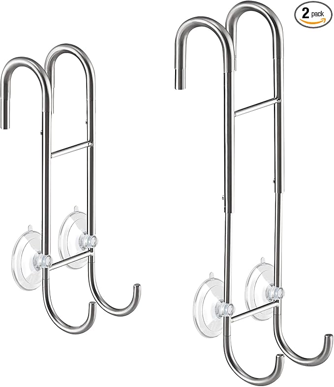 Shower Door Towel Hooks (2-Pack), 9"~13" Length Adjustable Hook for Framed & Frameless Over The Door Glass, Squeegee Holder, Towels Hanger for Bath Suits Rozer Robes Loofahs Shavers, Silver