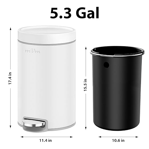 mVm White Kitchen Trash Can, 5.3 Gal Kitchen Garbage Can for Kitchen Bathroom Home Office (White)
