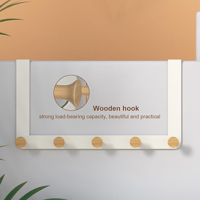 Over The Door Hooks with 5 Wooden Hooks,Door Hanger,Towel Rack for Bathroom Wall Mount Towel Hanger, Towels Holder for Hanging Heavy Duty with 5 Hooks for Pool Bedroom Bathroom Kitchen