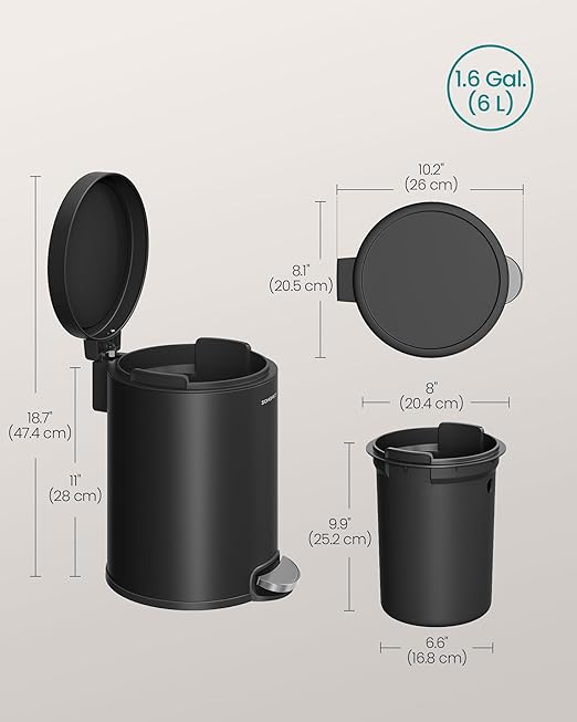 SONGMICS Bathroom Trash Can, 1.6 Gallon (6 L) Small Toilet Garbage Bin with Lid, Soft-Close, Stainless Steel, Pedal, Inner Bucket, Bedroom, Ink Black ULTB016BZ01