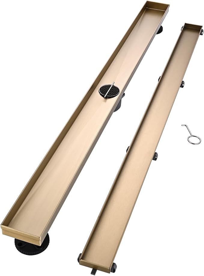 Linear Shower Floor Drain, Brushed Gold 28 Inch 304 Stainless Steel Bathroom Drains Kit, Rectangular Shower Trench Drain with Reversable Tile-in Pattern Drain Cover & Hair Catcher