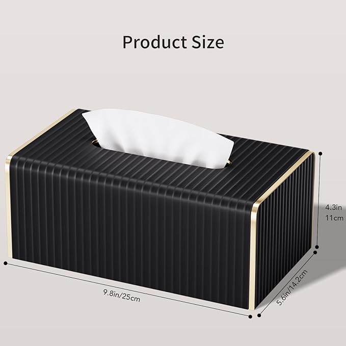 Tissue Box Cover,Black Rectangle PU Leather Tissue Holder with Gold-Tone Edging Accents,Tissue Box Cover for Bathroom Toilet Bedroom Living Room Table Desk Office,Countertop