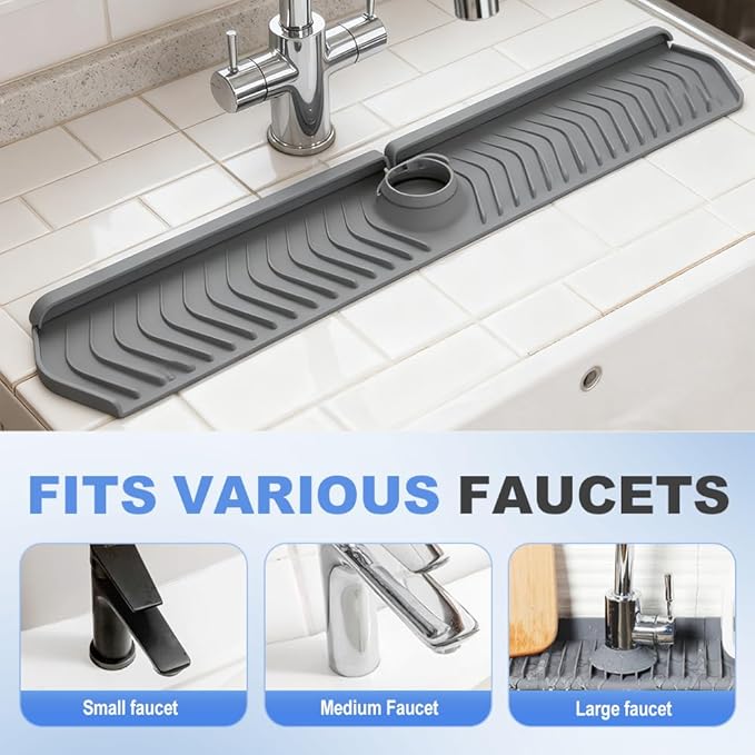 Kitchen Sink Faucet Mat, 2025 New Foldable Faucet Mat for Kitchen Sink, 30in Silicone Faucet Guard & Draining Mat Keep Countertops Dry Splash Guard (White, 30in)
