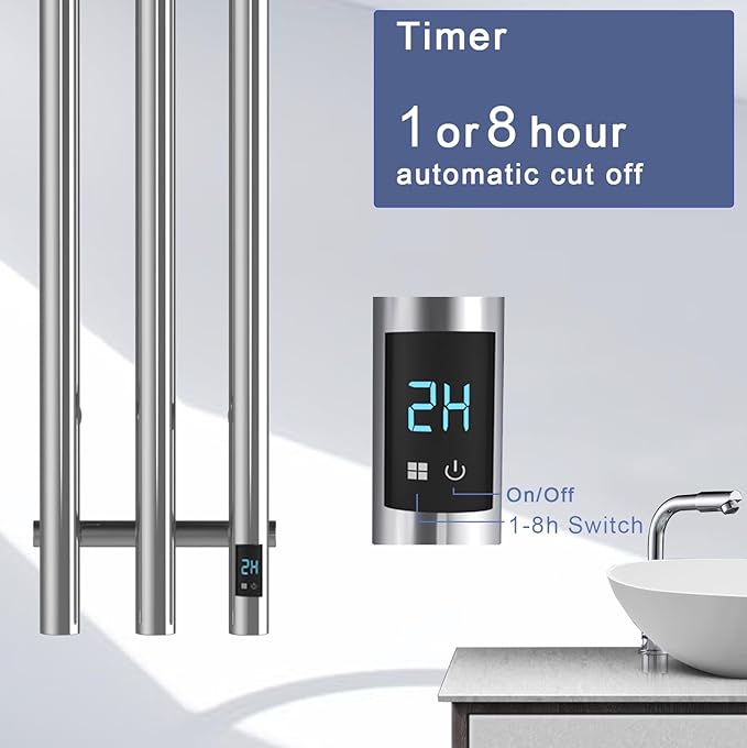 Electric Heated Towel Rack with Timer, Wall-Mounted Towel Warmer, 3 Vertical Bars, Silver, Plug-in or Hardwired, 38 Inch Height, Round Design (Polish)